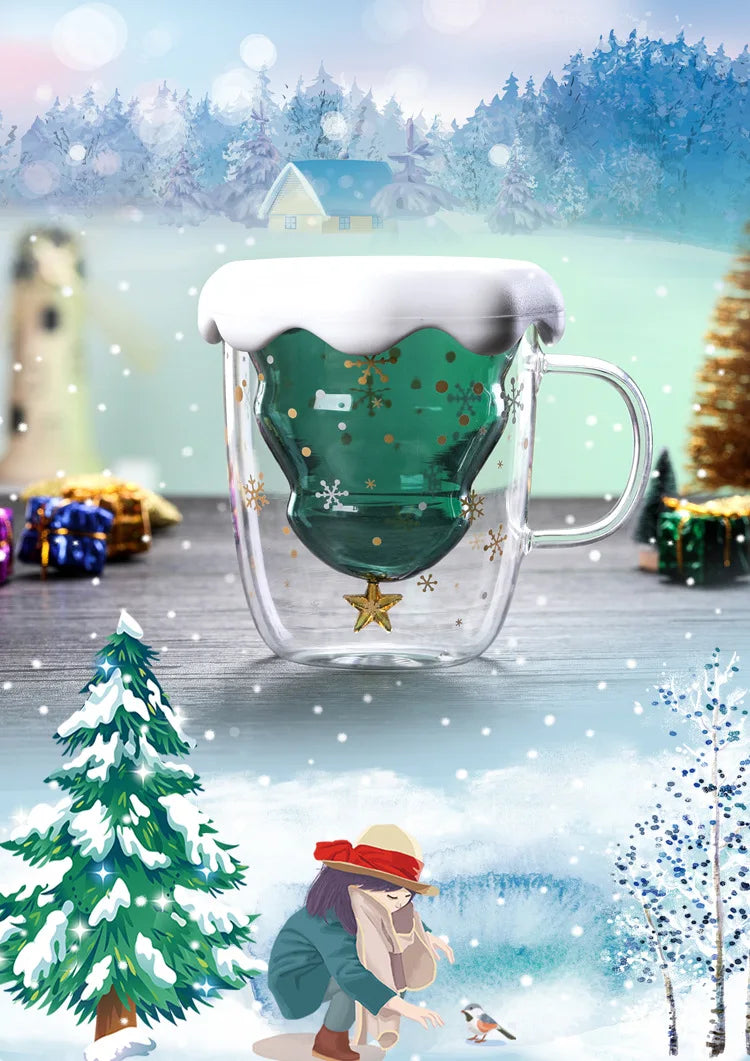 Christmas Tree Double Wall Glass Coffee Mug Heat Insulated Cup