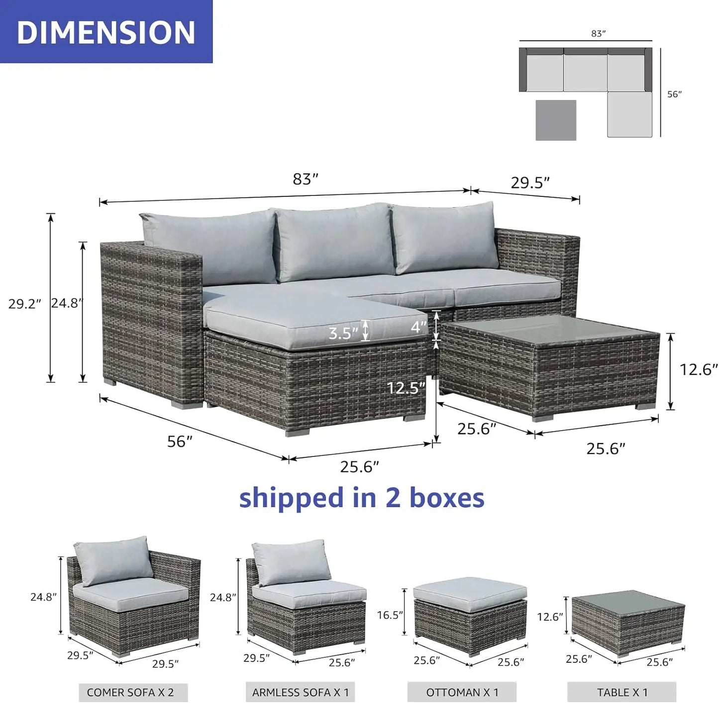 5 Piece Outdoor Patio Furniture Set, Section All-Weather Grey PE Wicker w/Light Cushions