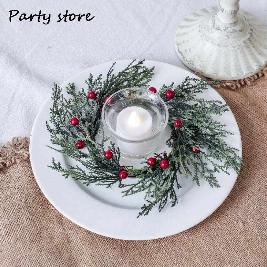 Pine Needle Candlestick Wreath for Christmas Table Decoration Artificial Leaves Garland