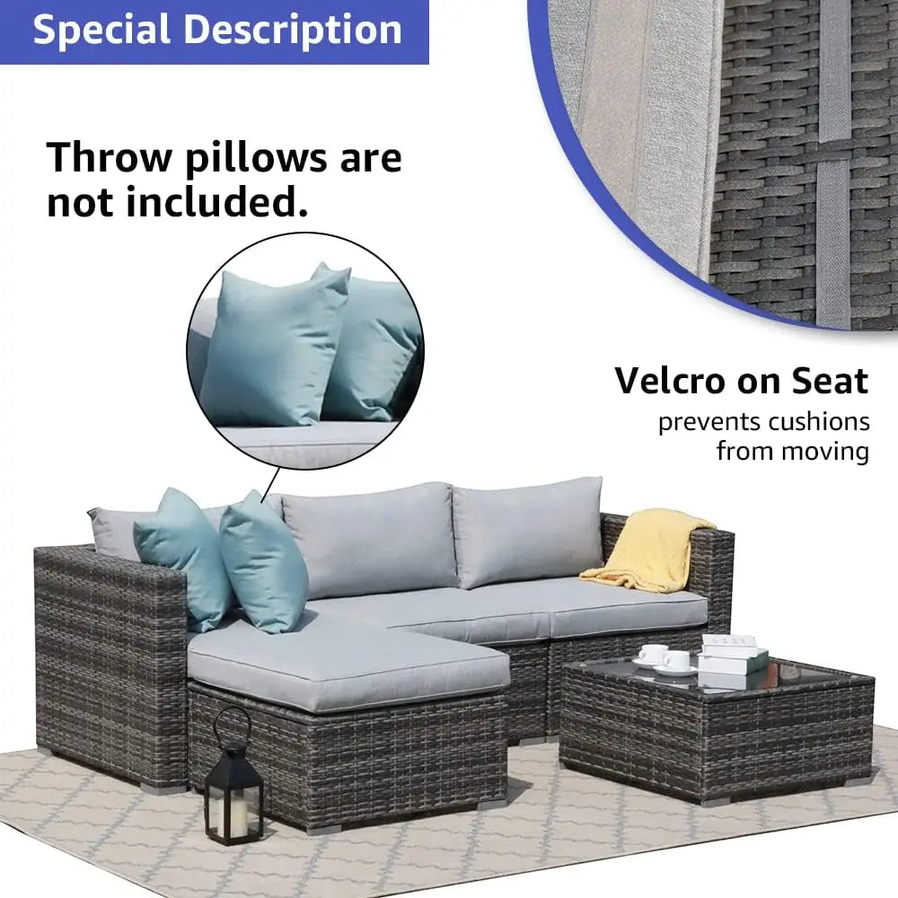 5 Piece Outdoor Patio Furniture Set, Section All-Weather Grey PE Wicker w/Light Cushions