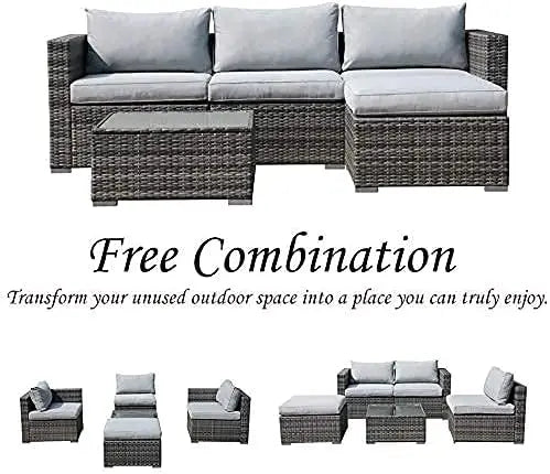 5 Piece Outdoor Patio Furniture Set, Section All-Weather Grey PE Wicker w/Light Cushions