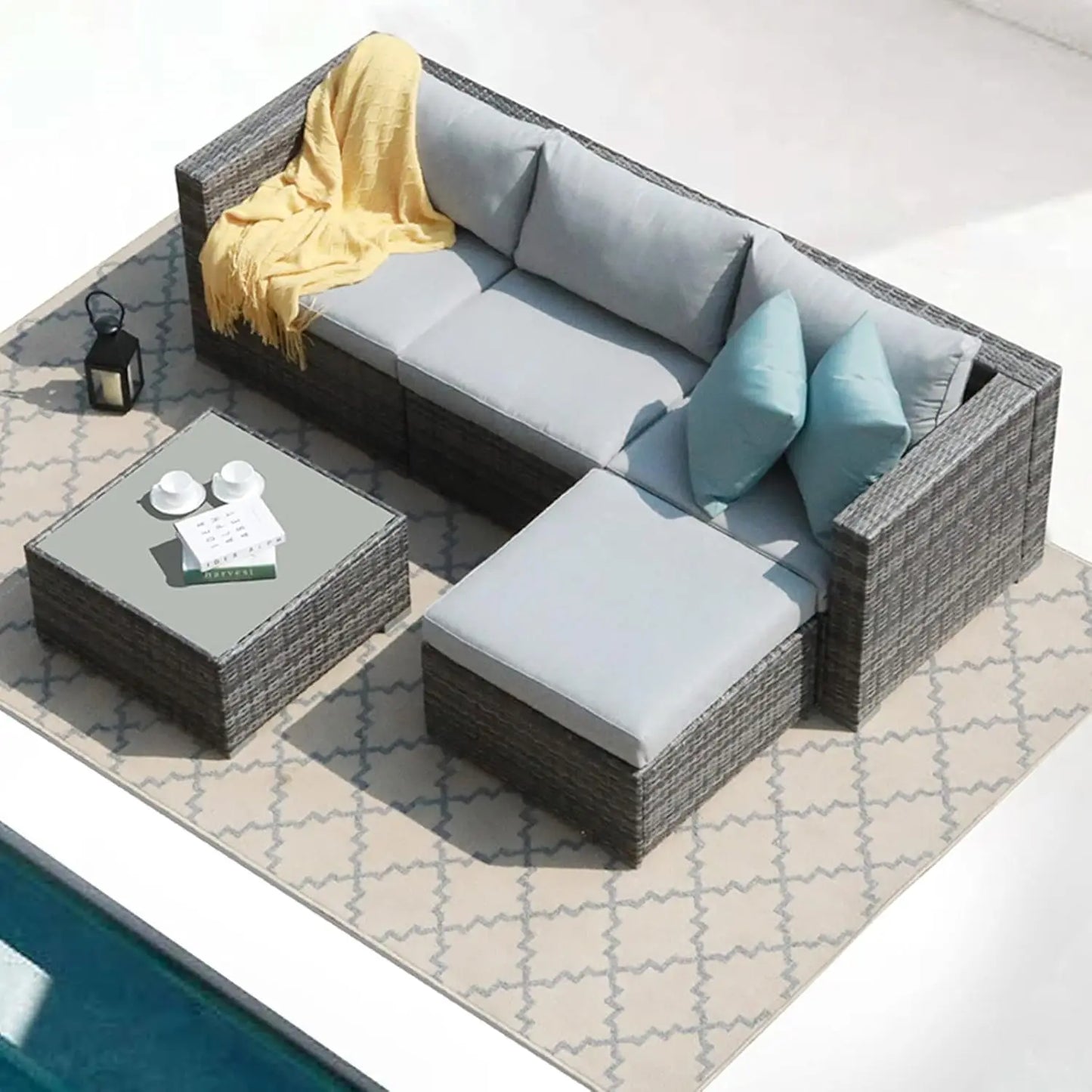 5 Piece Outdoor Patio Furniture Set, Section All-Weather Grey PE Wicker w/Light Cushions
