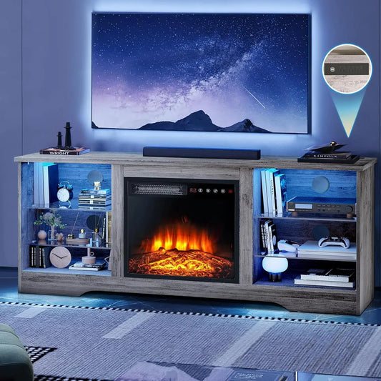 58 Inches TV Stand for TVs up to 65 Inches Console with 18'' Electric Fireplace & Remote, with LED Light Glass Shelves