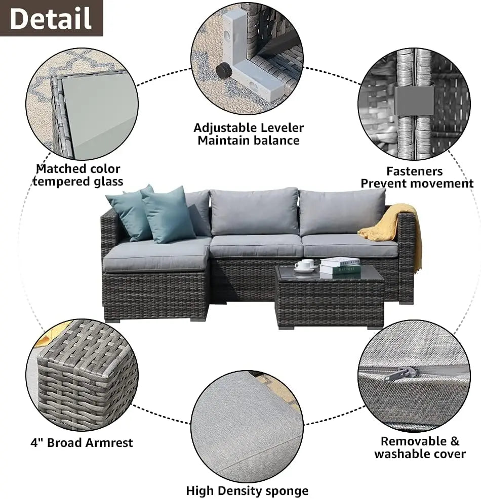 5 Piece Outdoor Patio Furniture Set, Section All-Weather Grey PE Wicker w/Light Cushions