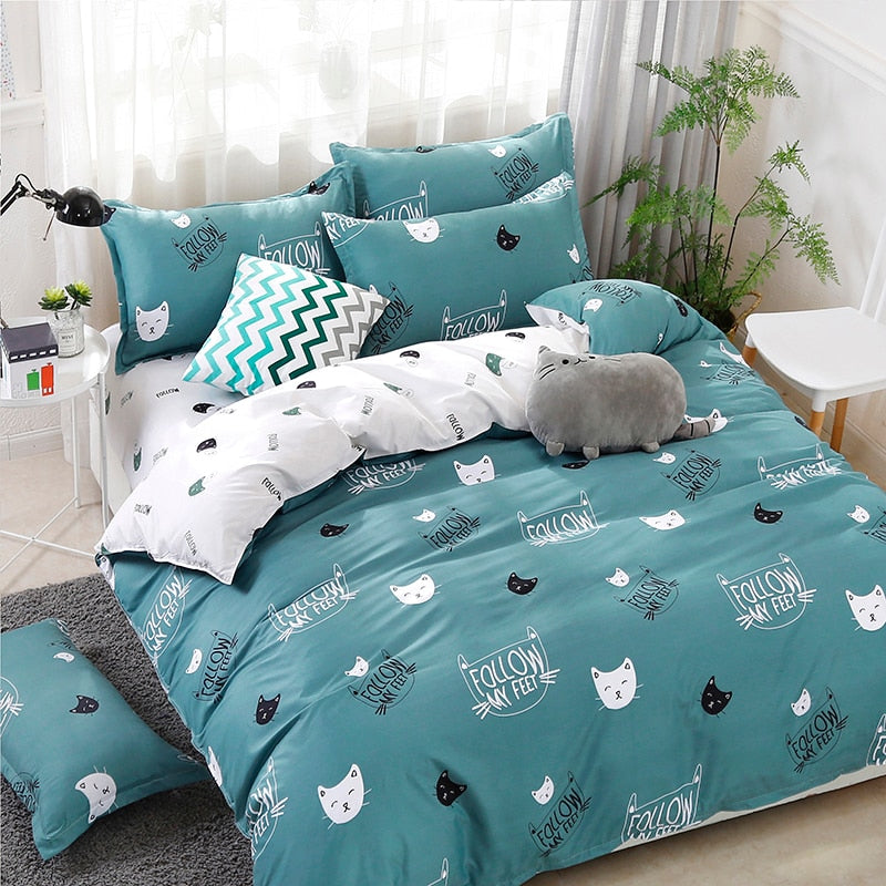 Solstice Home Textile Cyan Cute Cat Kitty Duvet Cover Pillow Case