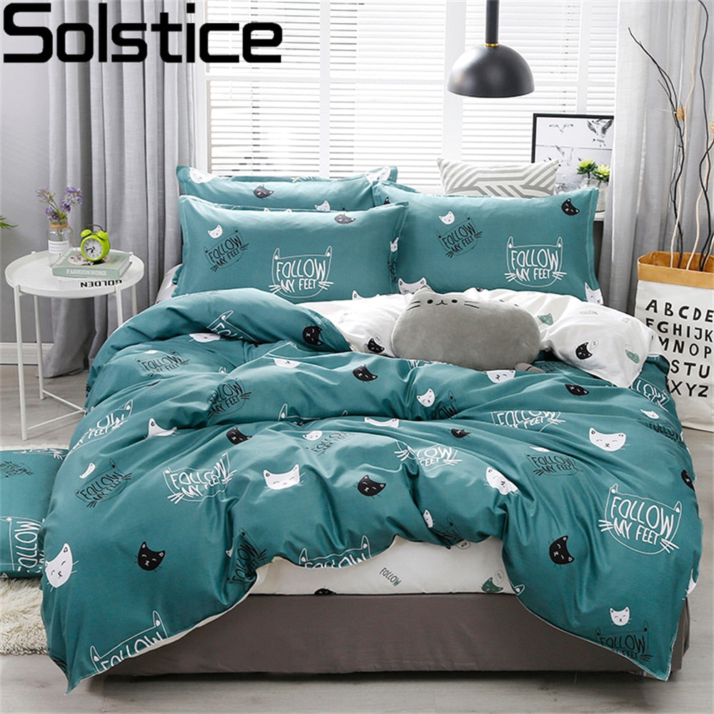 Solstice Home Textile Cyan Cute Cat Kitty Duvet Cover Pillow Case