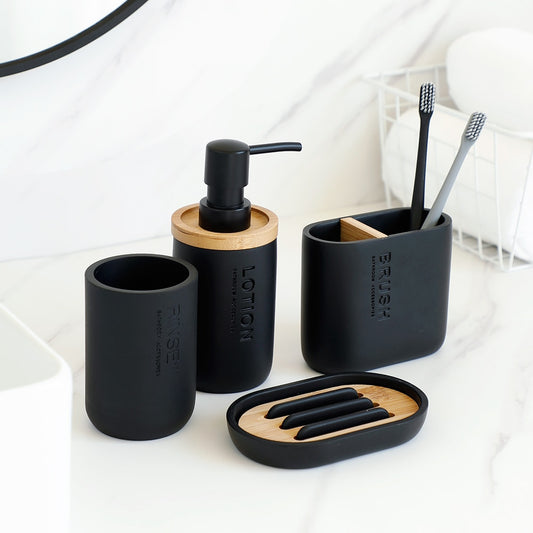 Bathroom Accessories Set Bottle Cup Wood Black or White